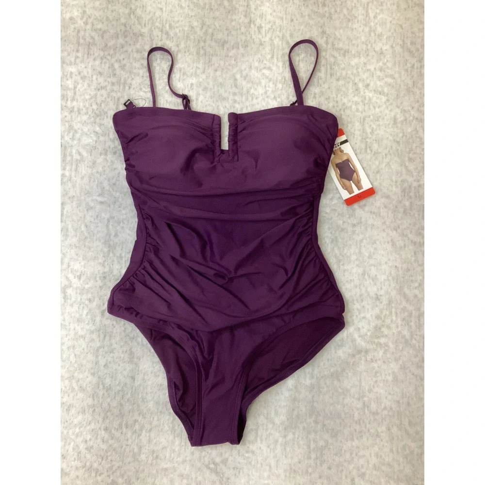 DKNY Womens Purple Ruched U-Wire Bandeau One Piece Swimsuit 1943727 New M - Picture 1 of 5